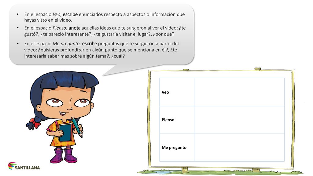 En el espacio Veo, escribe enunciados respecto a aspectos o información que hayas visto en el video.