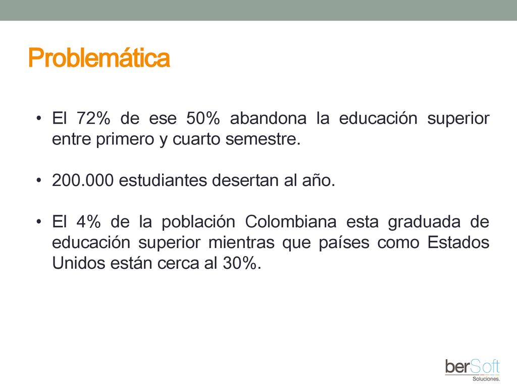 Problemática El 72% de ese 50% abandona la educación superior entre primero y cuarto semestre estudiantes desertan al año.