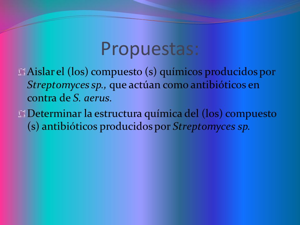 Propuestas: Aislar el (los) compuesto (s) químicos producidos por Streptomyces sp., que actúan como antibióticos en contra de S. aerus.