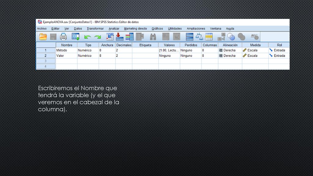 Escribiremos el Nombre que tendrá la variable (y el que veremos en el cabezal de la columna).