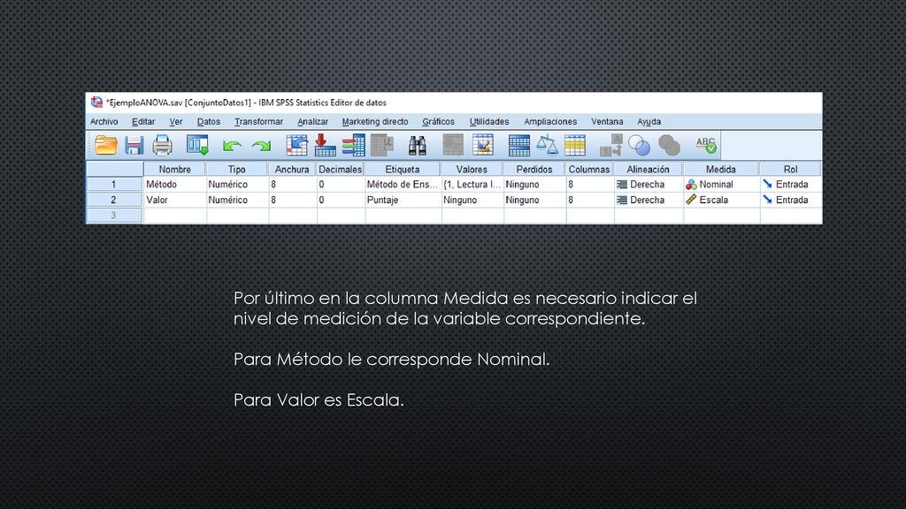 Por último en la columna Medida es necesario indicar el nivel de medición de la variable correspondiente.
