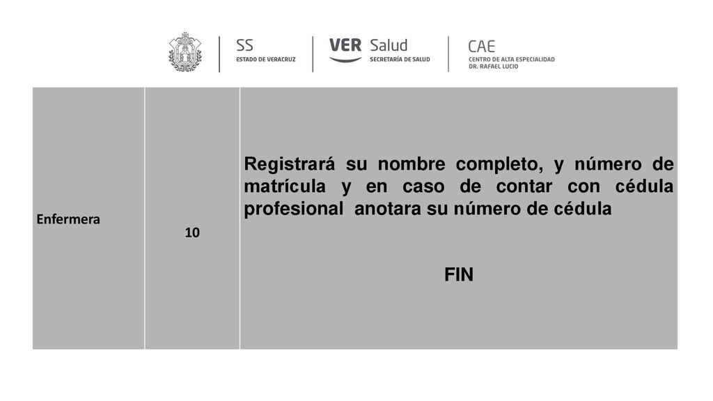 Enfermera 10. Registrará su nombre completo, y número de matrícula y en caso de contar con cédula profesional anotara su número de cédula.
