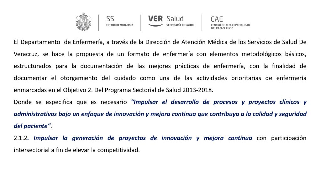 El Departamento de Enfermería, a través de la Dirección de Atención Médica de los Servicios de Salud De Veracruz, se hace la propuesta de un formato de enfermería con elementos metodológicos básicos, estructurados para la documentación de las mejores prácticas de enfermería, con la finalidad de documentar el otorgamiento del cuidado como una de las actividades prioritarias de enfermería enmarcadas en el Objetivo 2. Del Programa Sectorial de Salud