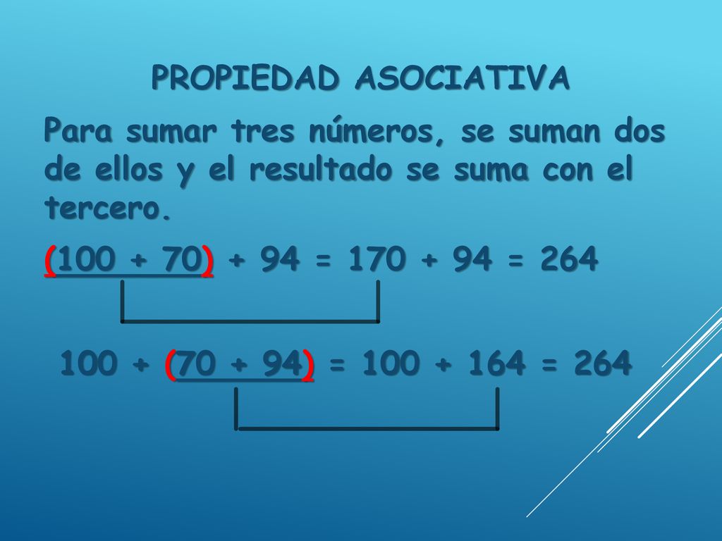 PROPIEDAD ASOCIATIVA Para sumar tres números, se suman dos de ellos y el resultado se suma con el tercero.