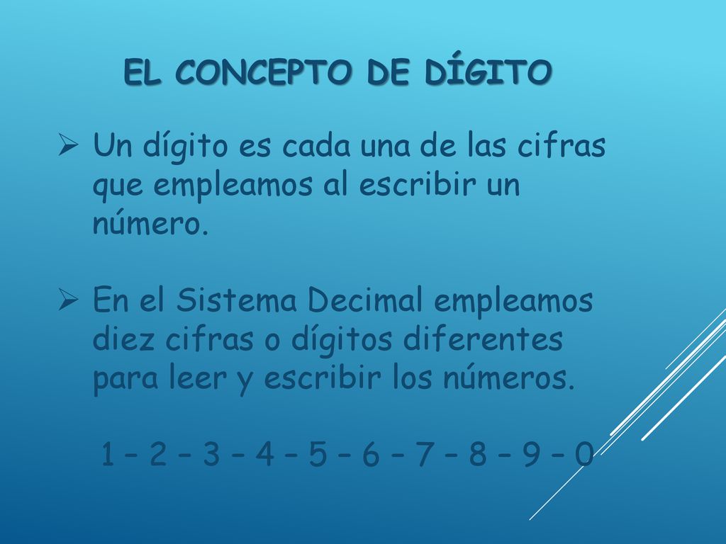 EL CONCEPTO DE DÍGITO Un dígito es cada una de las cifras que empleamos al escribir un número.