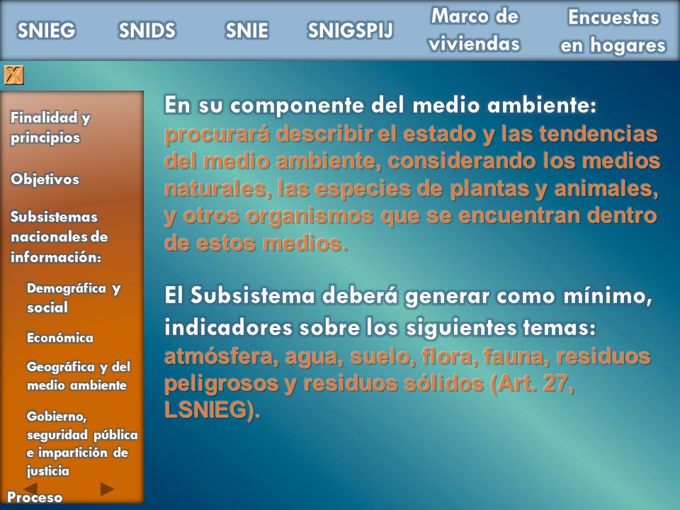 En su componente del medio ambiente: procurará describir el estado y las tendencias del medio ambiente, considerando los medios naturales, las especies de plantas y animales, y otros organismos que se encuentran dentro de estos medios.