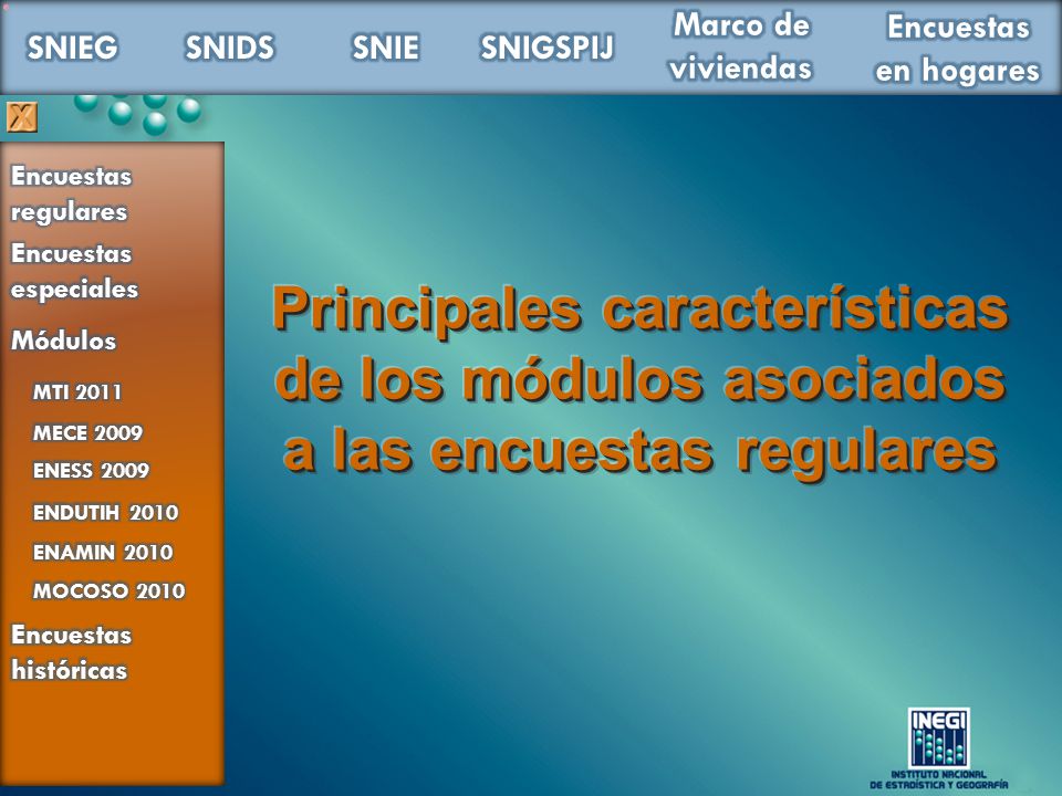 Encuestas regulares Encuestas especiales. Principales características de los módulos asociados a las encuestas regulares.