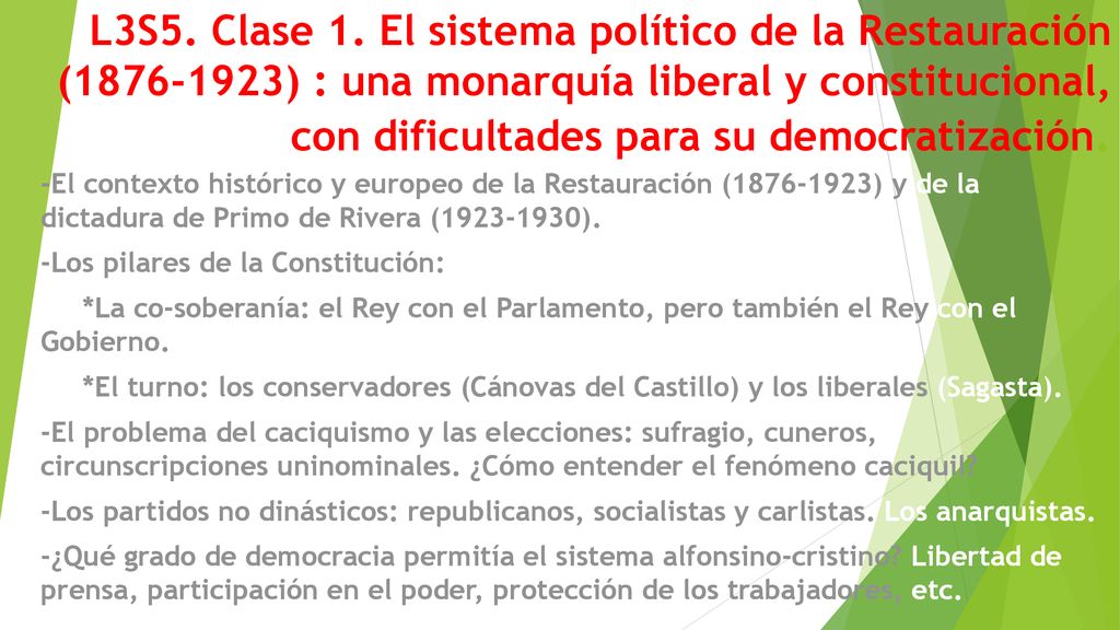 L3S5. Clase 1. El sistema político de la Restauración ( ) : una monarquía liberal y constitucional, con dificultades para su democratización.