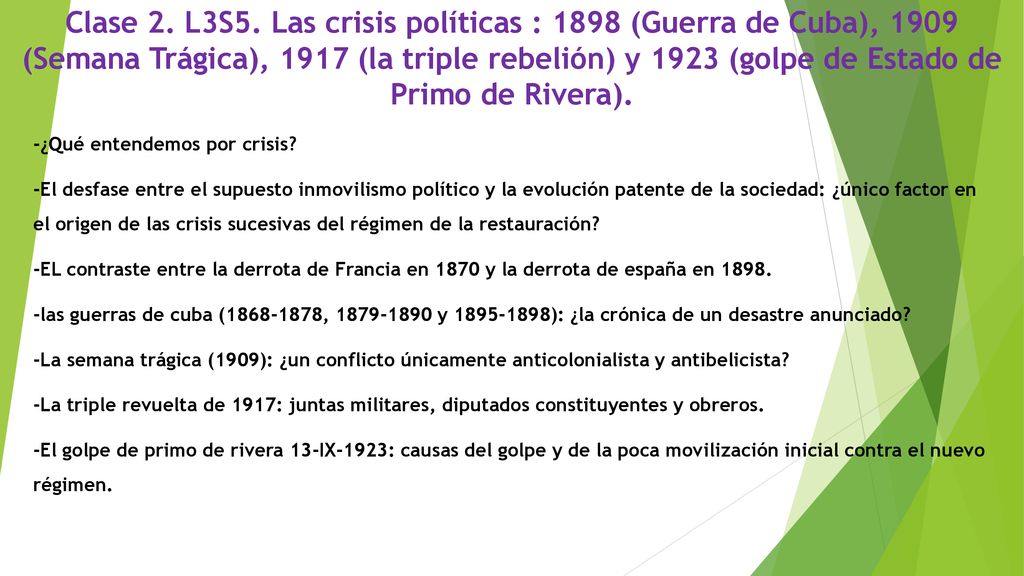 Clase 2. L3S5. Las crisis políticas : 1898 (Guerra de Cuba), 1909 (Semana Trágica), 1917 (la triple rebelión) y 1923 (golpe de Estado de Primo de Rivera).
