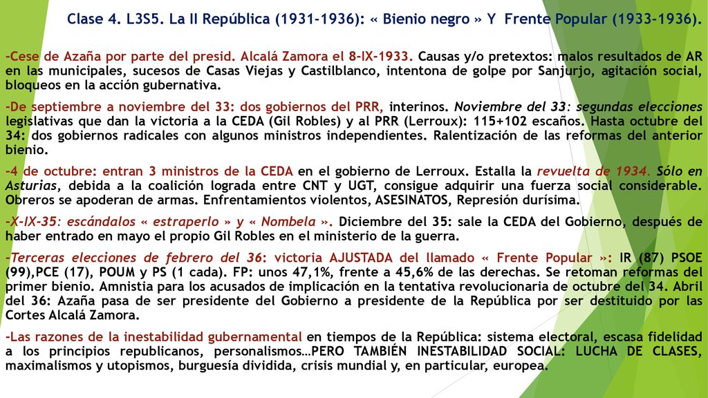 Clase 4. L3S5. La II República ( ): « Bienio negro » Y Frente Popular ( ).