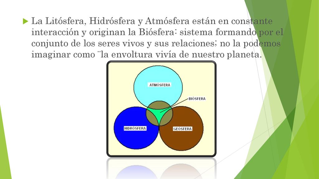 La Litósfera, Hidrósfera y Atmósfera están en constante interacción y originan la Biósfera: sistema formando por el conjunto de los seres vivos y sus relaciones; no la podemos imaginar como ¨la envoltura vivía de nuestro planeta.