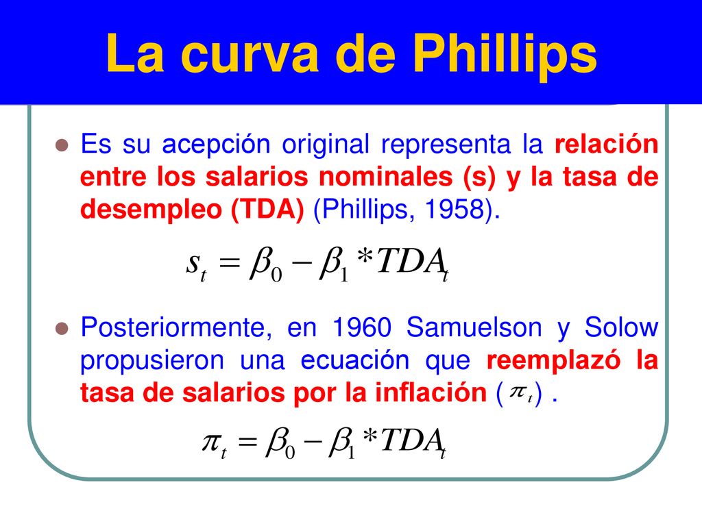 La curva de Phillips Es su acepción original representa la relación entre los salarios nominales (s) y la tasa de desempleo (TDA) (Phillips, 1958).