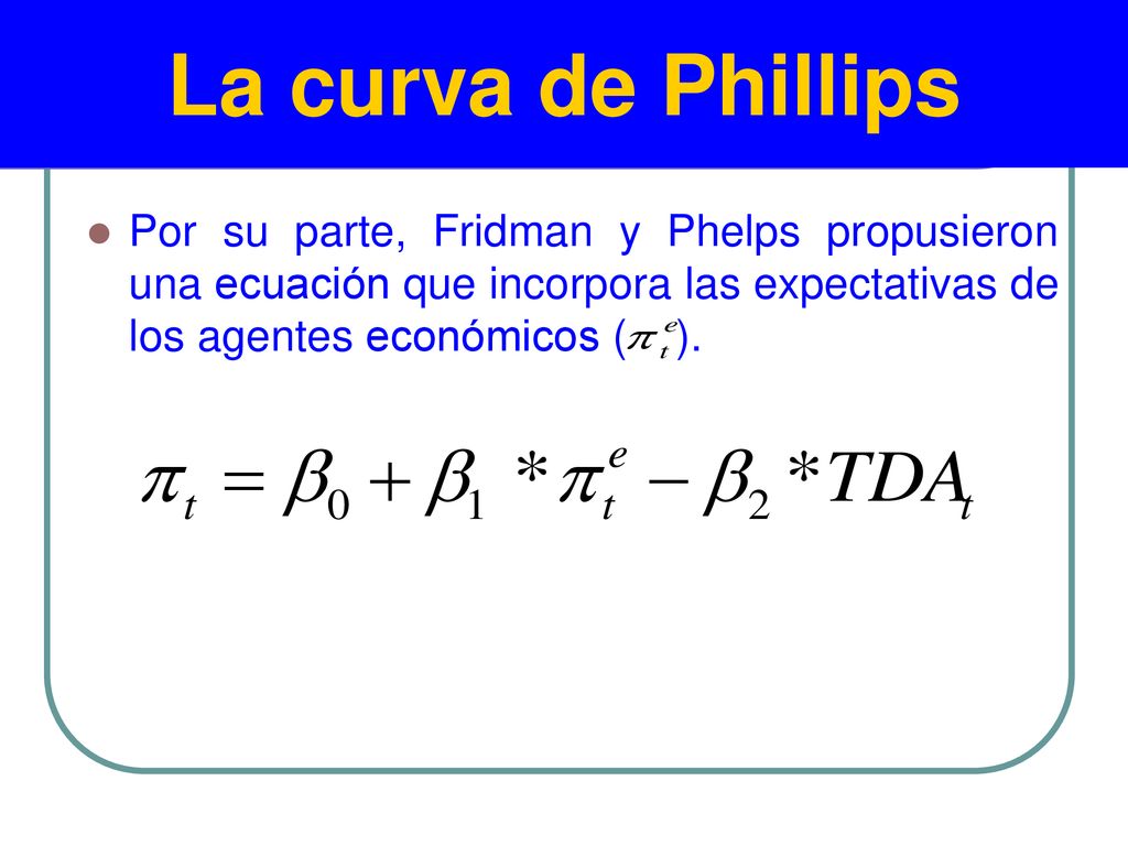 La curva de Phillips Por su parte, Fridman y Phelps propusieron una ecuación que incorpora las expectativas de los agentes económicos ( ).