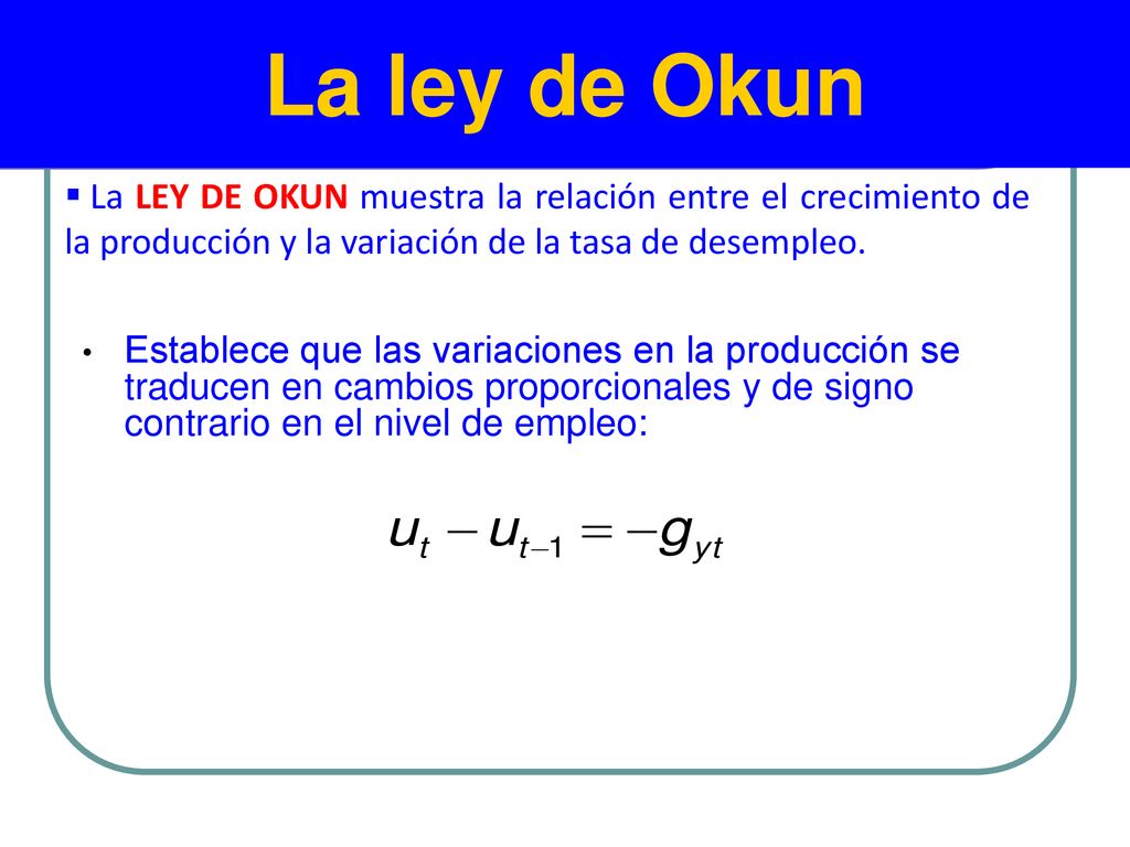 La ley de Okun La LEY DE OKUN muestra la relación entre el crecimiento de la producción y la variación de la tasa de desempleo.