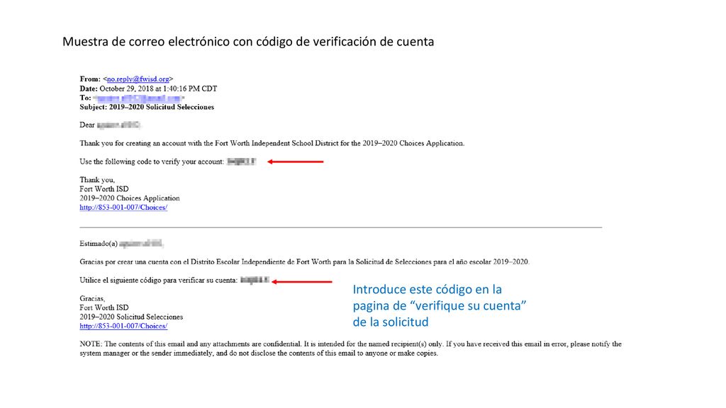 Muestra de correo electrónico con código de verificación de cuenta