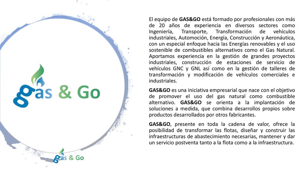 El equipo de GAS&GO está formado por profesionales con más de 20 años de experiencia en diversos sectores como Ingeniería, Transporte, Transformación de vehículos industriales, Automoción, Energía, Construcción y Aeronáutica, con un especial enfoque hacia las Energías renovables y el uso sostenible de combustibles alternativos como el Gas Natural. Aportamos experiencia en la gestión de grandes proyectos industriales, construcción de estaciones de servicio de vehículos GNC y GNL así como en la gestión de talleres de transformación y modificación de vehículos comerciales e industriales.