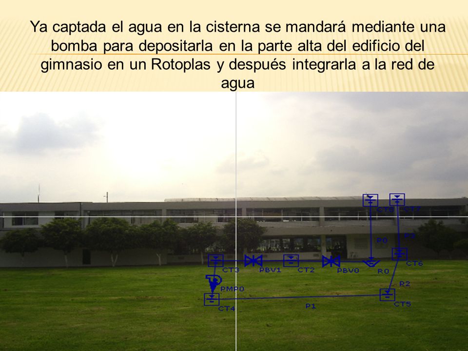 Ya captada el agua en la cisterna se mandará mediante una bomba para depositarla en la parte alta del edificio del gimnasio en un Rotoplas y después integrarla a la red de agua