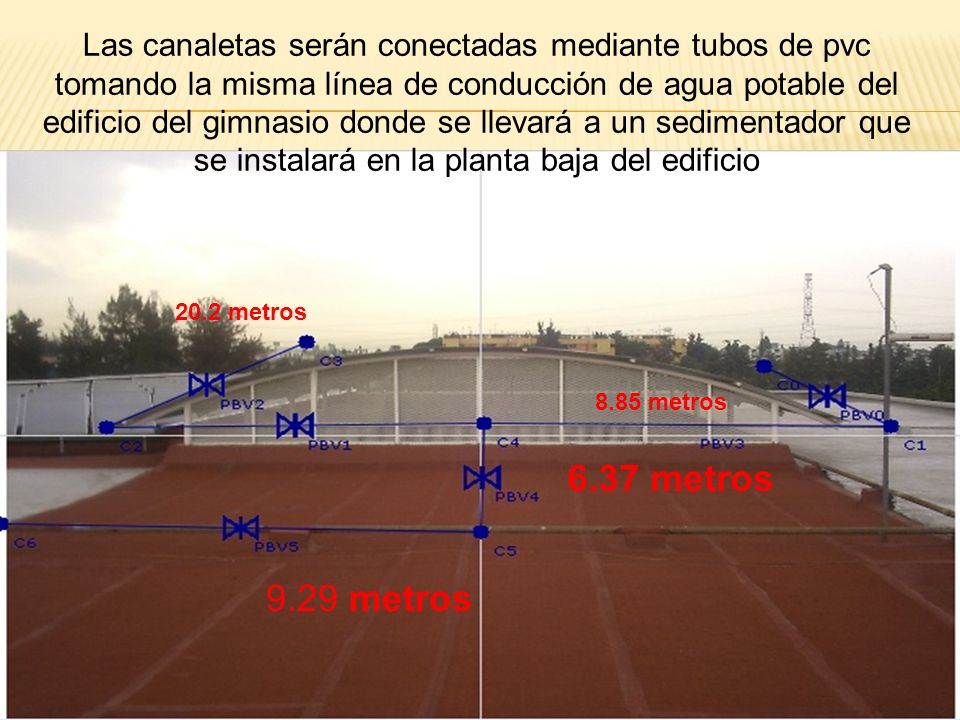 Las canaletas serán conectadas mediante tubos de pvc tomando la misma línea de conducción de agua potable del edificio del gimnasio donde se llevará a un sedimentador que se instalará en la planta baja del edificio