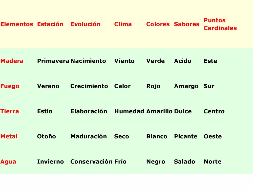 Elementos Estación. Evolución. Clima. Colores. Sabores. Puntos Cardinales. Madera. Primavera.
