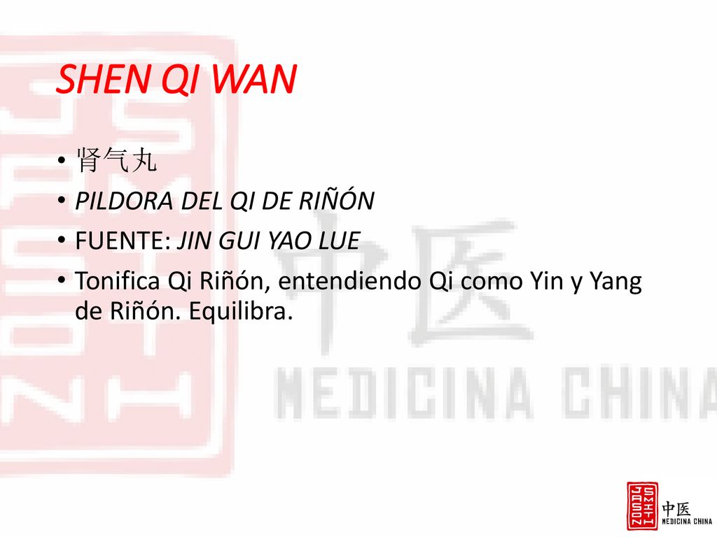 SHEN QI WAN 肾气丸 PILDORA DEL QI DE RIÑÓN FUENTE: JIN GUI YAO LUE