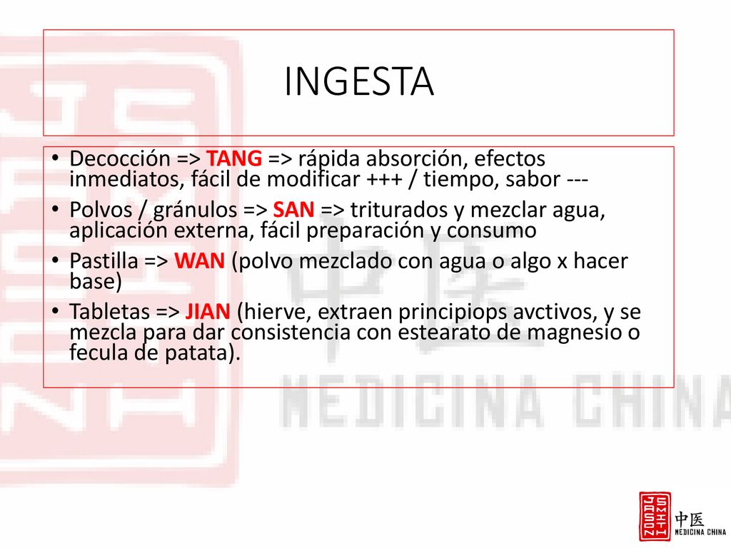 INGESTA Decocción => TANG => rápida absorción, efectos inmediatos, fácil de modificar +++ / tiempo, sabor ---
