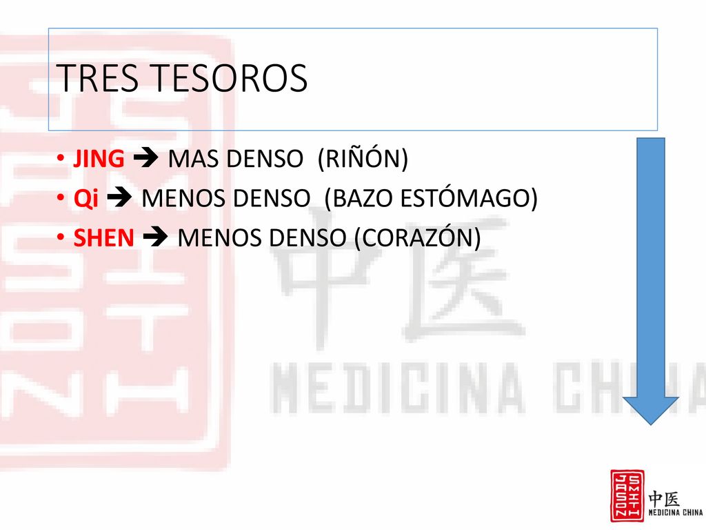 TRES TESOROS JING  MAS DENSO (RIÑÓN) Qi  MENOS DENSO (BAZO ESTÓMAGO)