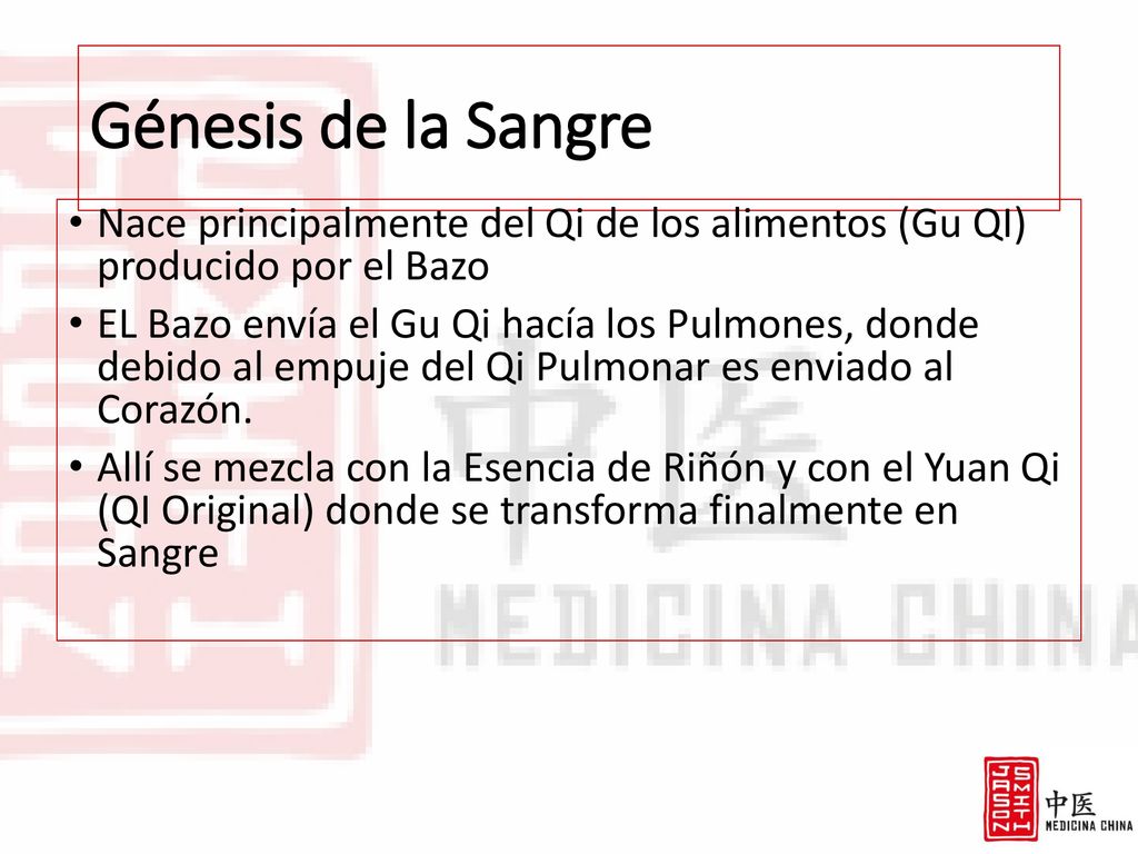 Génesis de la Sangre Nace principalmente del Qi de los alimentos (Gu QI) producido por el Bazo.