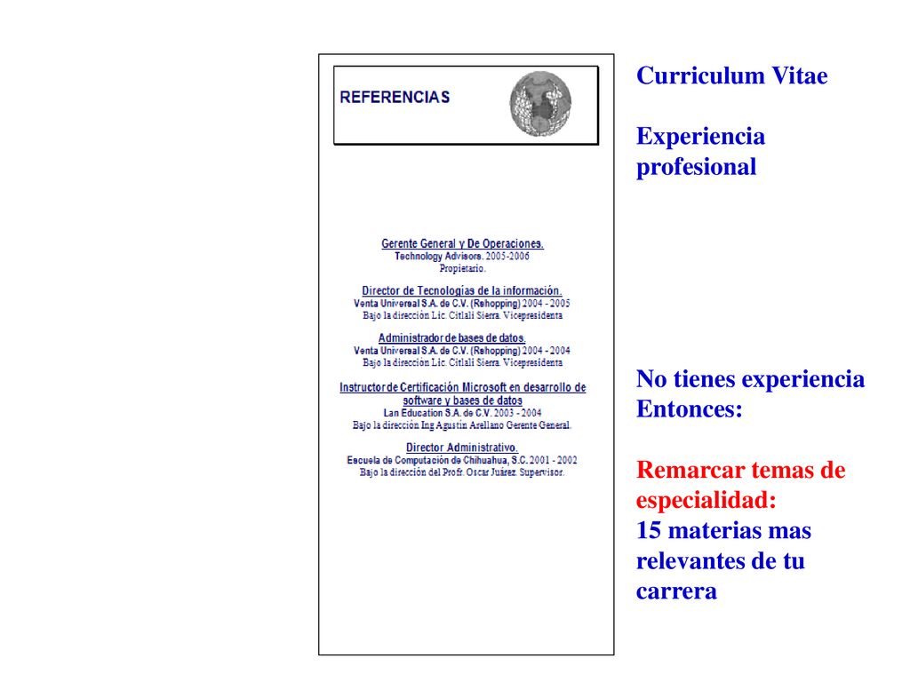Curriculum Vitae Experiencia profesional. No tienes experiencia. Entonces: Remarcar temas de especialidad: