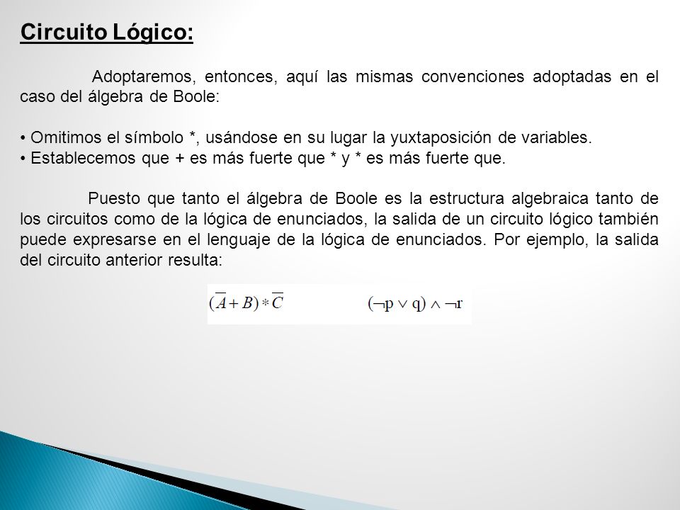 Circuito Lógico: Adoptaremos, entonces, aquí las mismas convenciones adoptadas en el caso del álgebra de Boole: