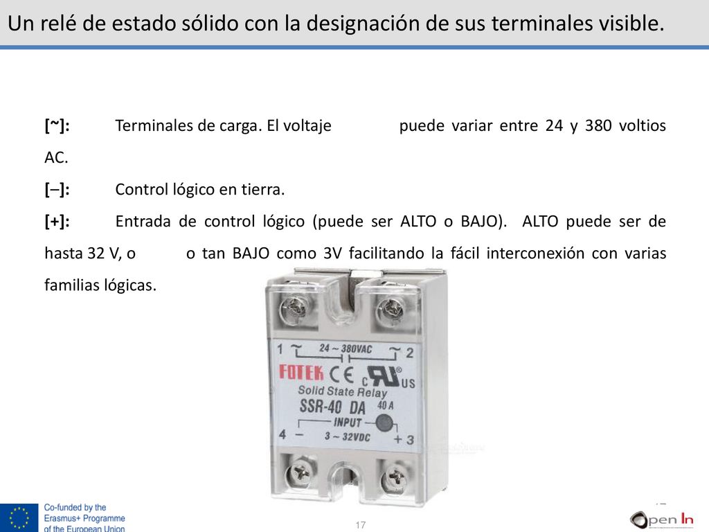 Un relé de estado sólido con la designación de sus terminales visible.