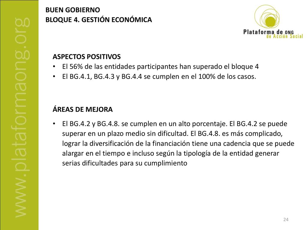 BUEN GOBIERNO BLOQUE 4. GESTIÓN ECONÓMICA. ASPECTOS POSITIVOS. El 56% de las entidades participantes han superado el bloque 4.