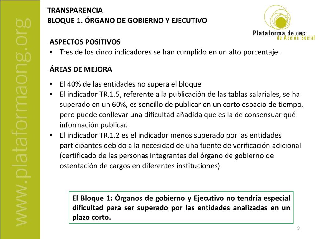 TRANSPARENCIA BLOQUE 1. ÓRGANO DE GOBIERNO Y EJECUTIVO. ASPECTOS POSITIVOS. Tres de los cinco indicadores se han cumplido en un alto porcentaje.