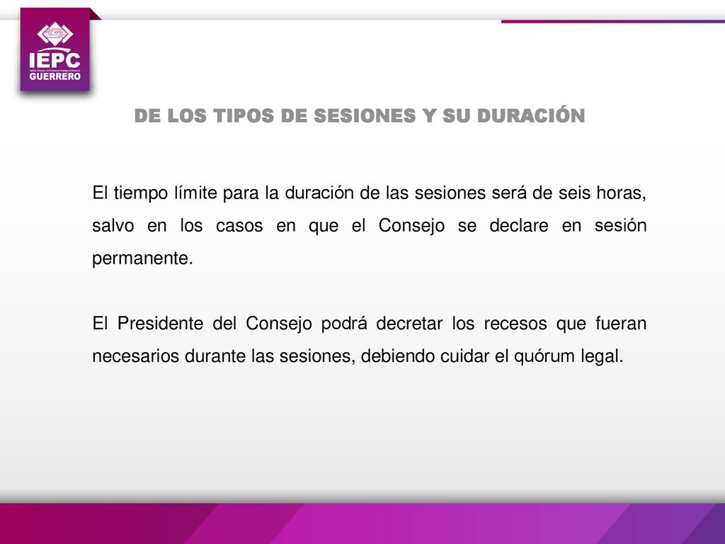 DE LOS TIPOS DE SESIONES Y SU DURACIÓN