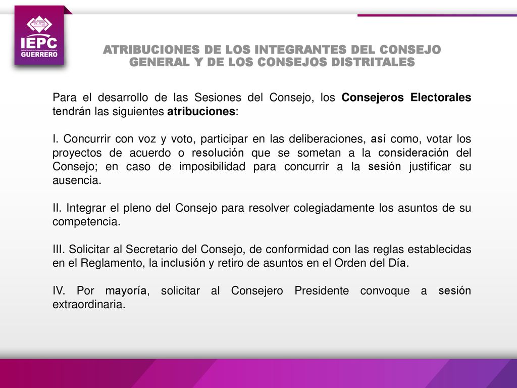 ATRIBUCIONES DE LOS INTEGRANTES DEL CONSEJO GENERAL Y DE LOS CONSEJOS DISTRITALES