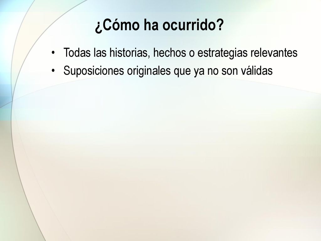 ¿Cómo ha ocurrido. Todas las historias, hechos o estrategias relevantes.