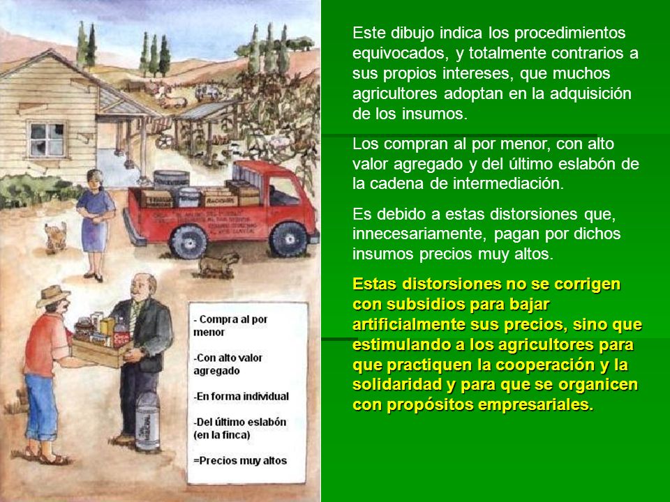 Este dibujo indica los procedimientos equivocados, y totalmente contrarios a sus propios intereses, que muchos agricultores adoptan en la adquisición de los insumos.