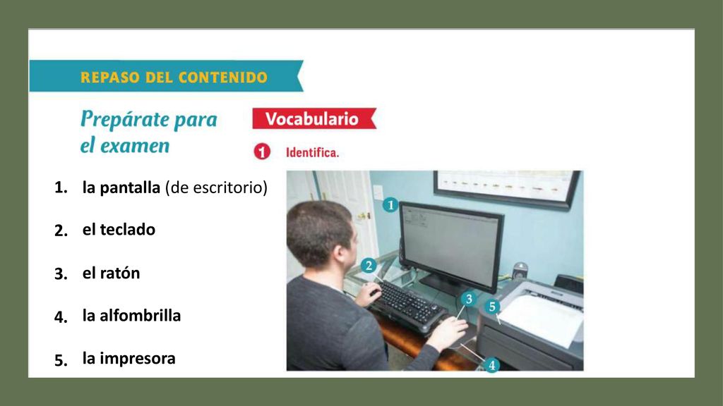 la pantalla (de escritorio) el teclado el ratón la alfombrilla la impresora