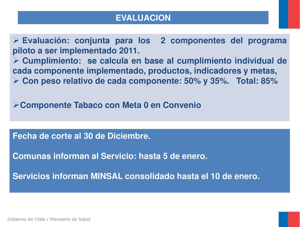 EVALUACION Evaluación: conjunta para los 2 componentes del programa piloto a ser implementado