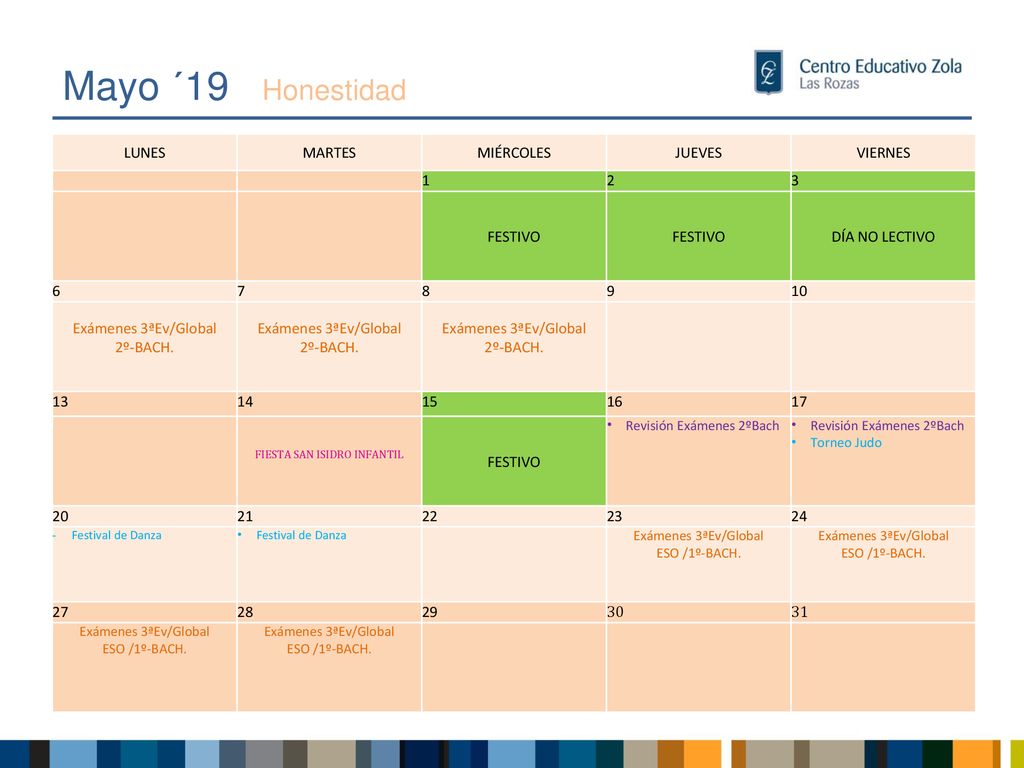Mayo ´19 Honestidad LUNES MARTES MIÉRCOLES JUEVES VIERNES 1 2 3