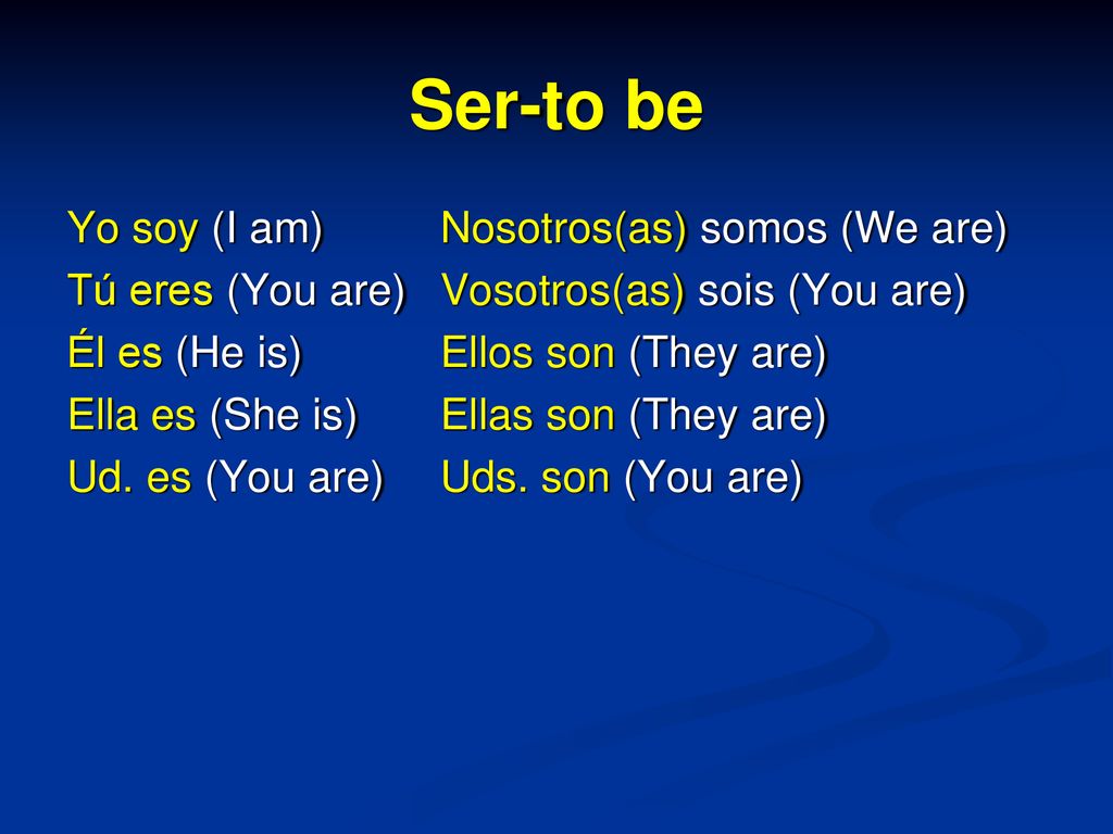 Ser-to be Yo soy (I am) Tú eres (You are) Él es (He is)