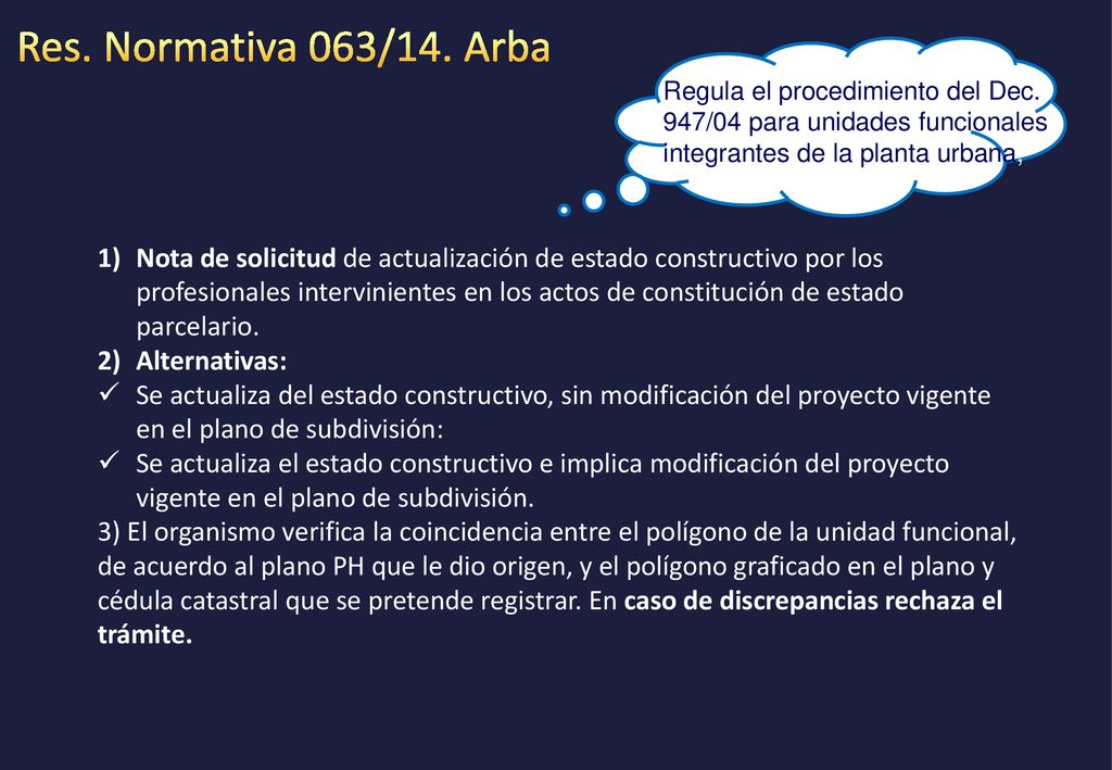 Res. Normativa 063/14. Arba Regula el procedimiento del Dec. 947/04 para unidades funcionales integrantes de la planta urbana,