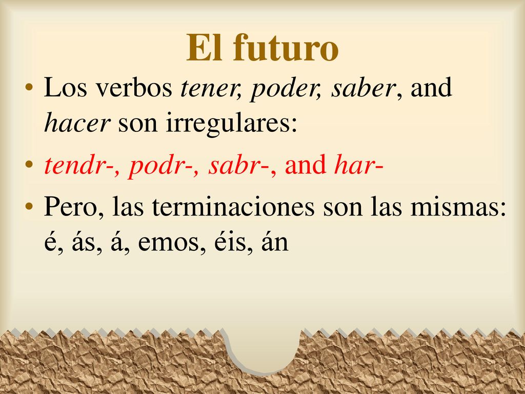 El futuro Los verbos tener, poder, saber, and hacer son irregulares: