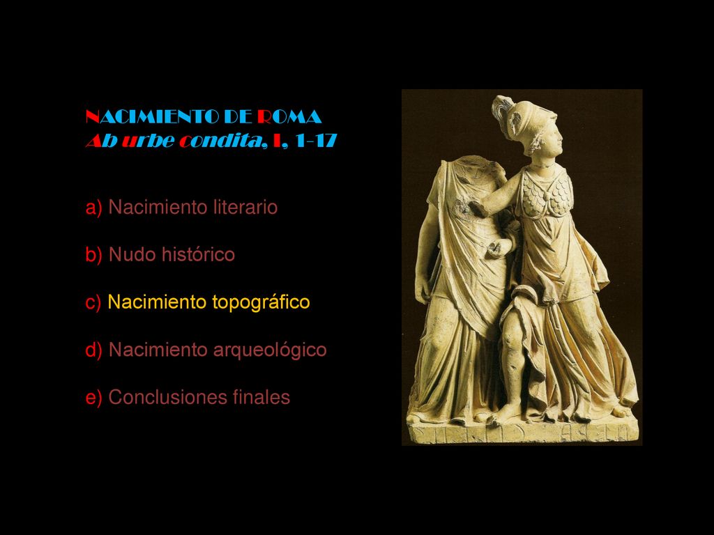 NACIMIENTO DE ROMA Ab urbe condita, I, a) Nacimiento literario. b) Nudo histórico. c) Nacimiento topográfico.