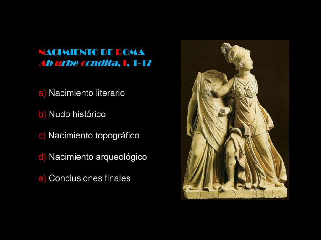 NACIMIENTO DE ROMA Ab urbe condita, I, a) Nacimiento literario. b) Nudo histórico. c) Nacimiento topográfico.