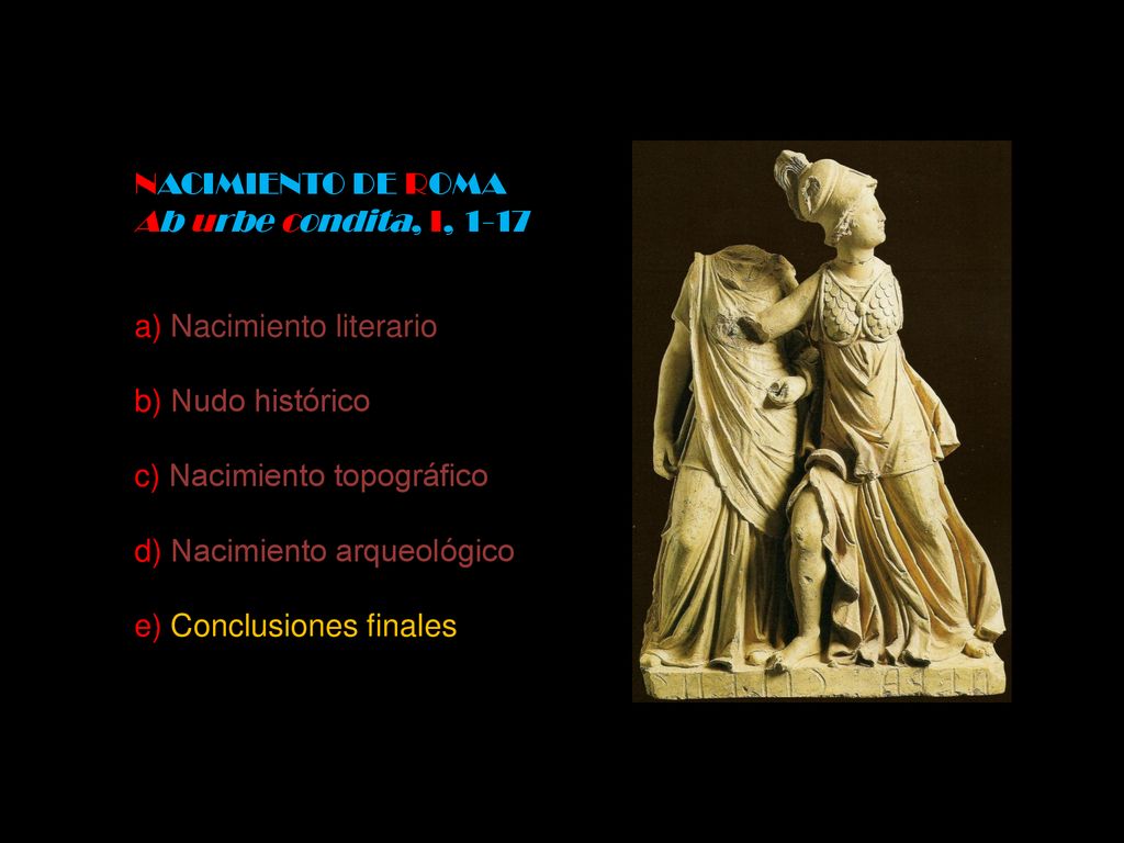 NACIMIENTO DE ROMA Ab urbe condita, I, a) Nacimiento literario. b) Nudo histórico. c) Nacimiento topográfico.