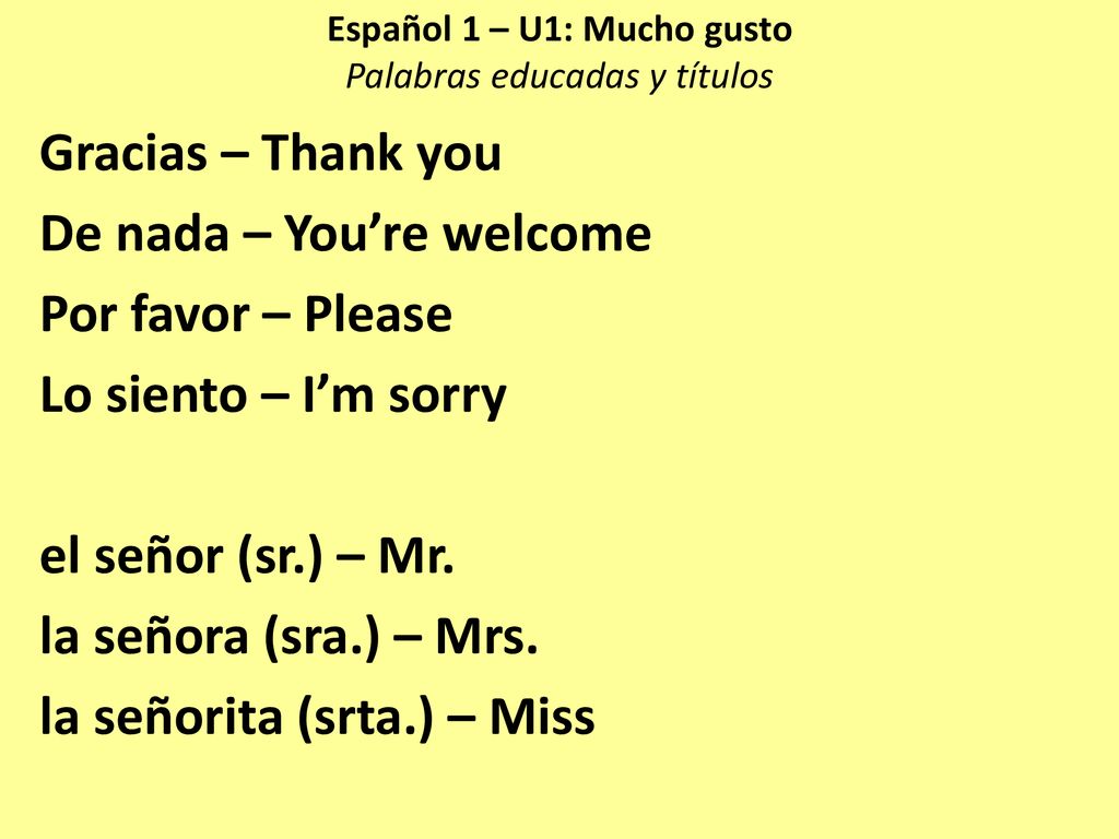 Español 1 – U1: Mucho gusto Palabras educadas y títulos