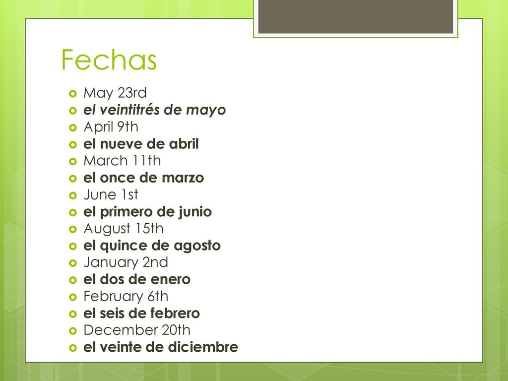 Fechas May 23rd el veintitrés de mayo April 9th el nueve de abril