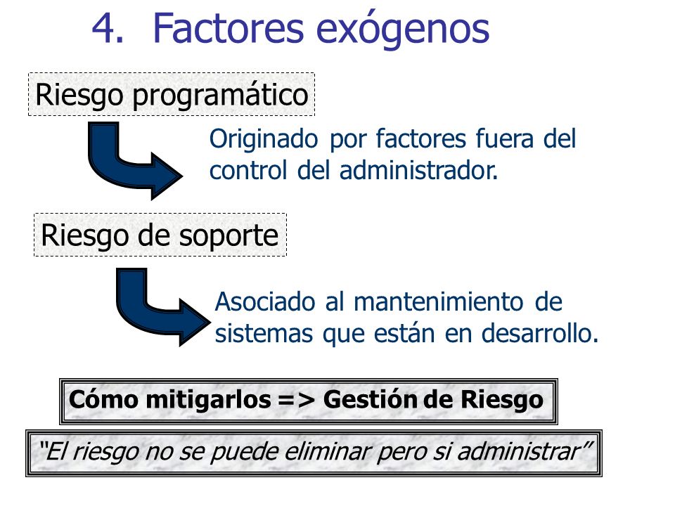 4. Factores exógenos Riesgo programático Riesgo de soporte