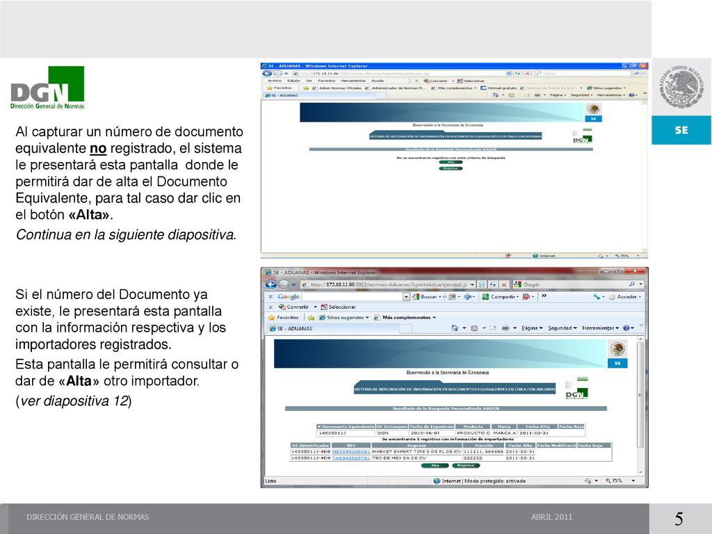 Al capturar un número de documento equivalente no registrado, el sistema le presentará esta pantalla donde le permitirá dar de alta el Documento Equivalente, para tal caso dar clic en el botón «Alta».