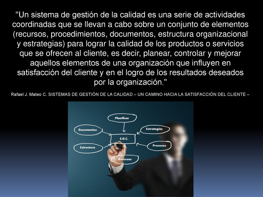 Un sistema de gestión de la calidad es una serie de actividades coordinadas que se llevan a cabo sobre un conjunto de elementos (recursos, procedimientos, documentos, estructura organizacional y estrategias) para lograr la calidad de los productos o servicios que se ofrecen al cliente, es decir, planear, controlar y mejorar aquellos elementos de una organización que influyen en satisfacción del cliente y en el logro de los resultados deseados por la organización.